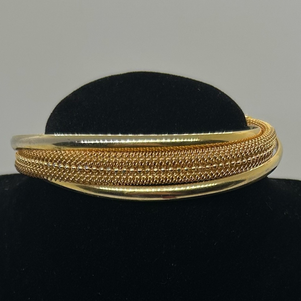 Chunky Gold Tone Cuff Bracelet with Textured Mesh Center & Smooth Edges – New